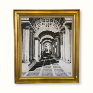 Artwork 'End Of The Line' by Gimiro: Grand Romanesque hallway with the artist's symbolic journey, a prelude to 'Path To Paradise.